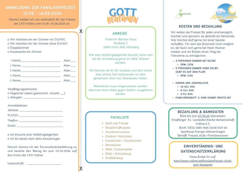 Flyer zur Familienfreizeit 2026 „Gott begegnen“, Rückseite